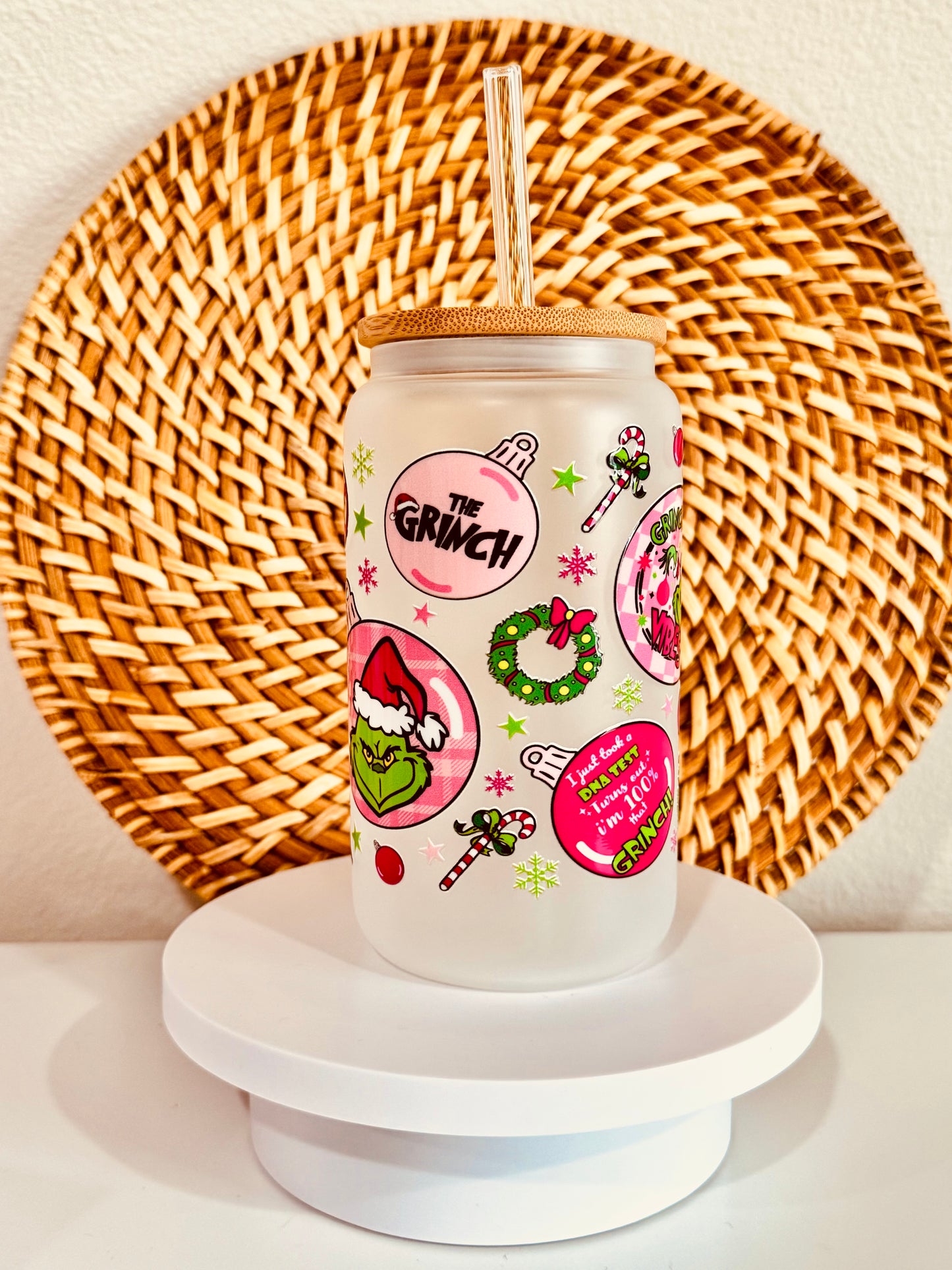 Grinch Ornaments 16oz Glass Cup