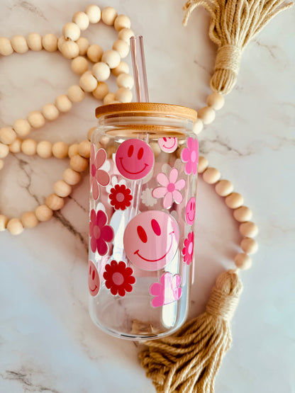 Pink Retro Smiley Face 16oz Glass Cup