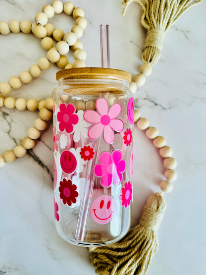 Pink Retro Smiley Face 16oz Glass Cup