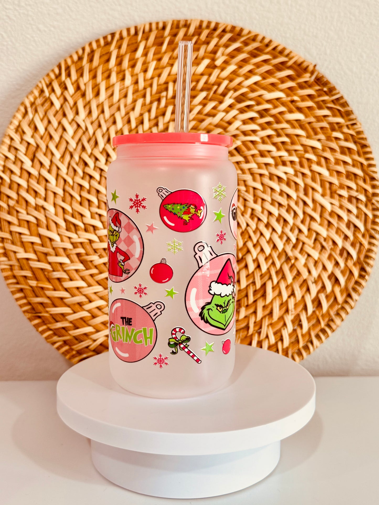 Grinch Ornaments 16oz Glass Cup