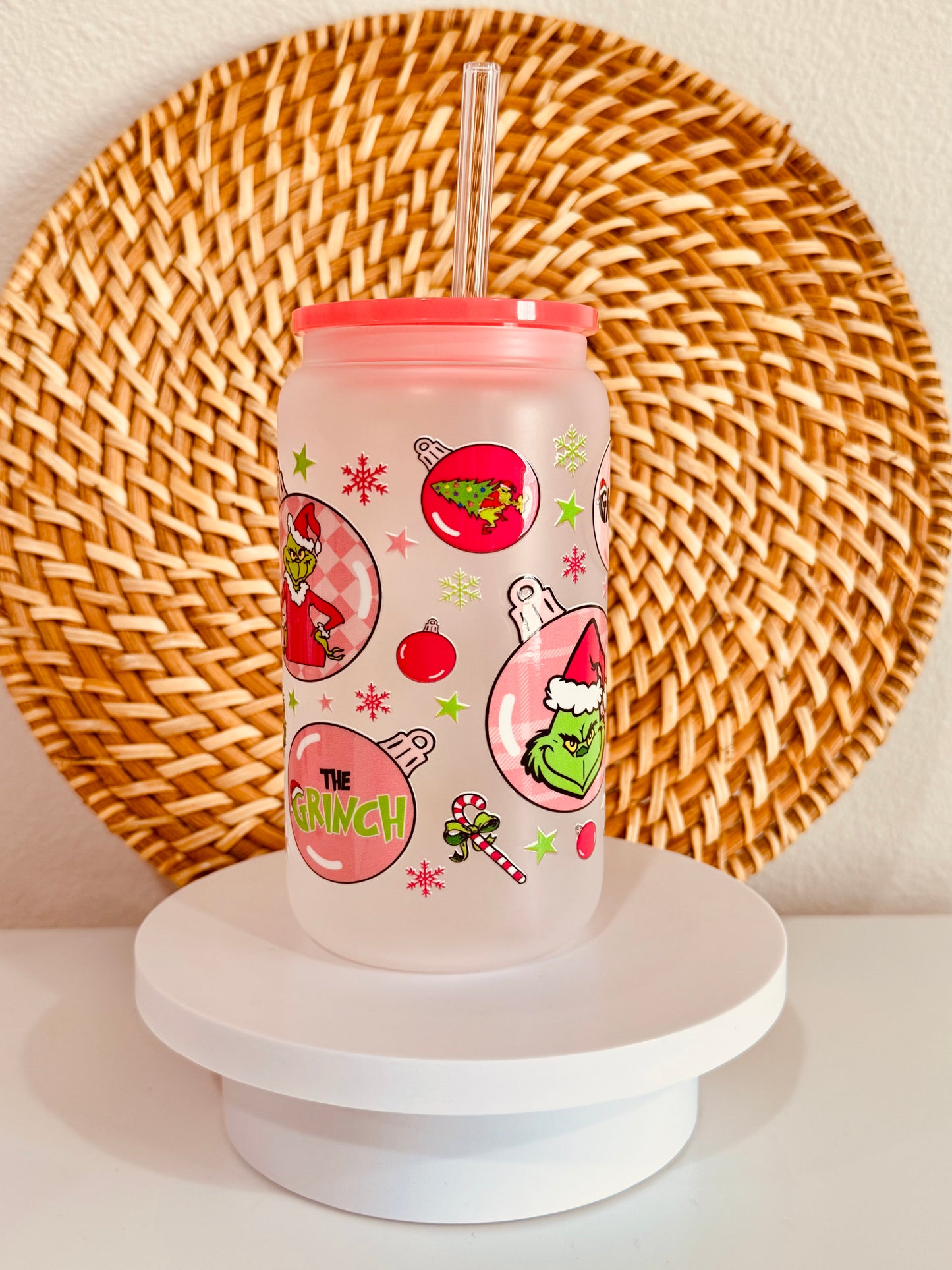Grinch Ornaments 16oz Glass Cup