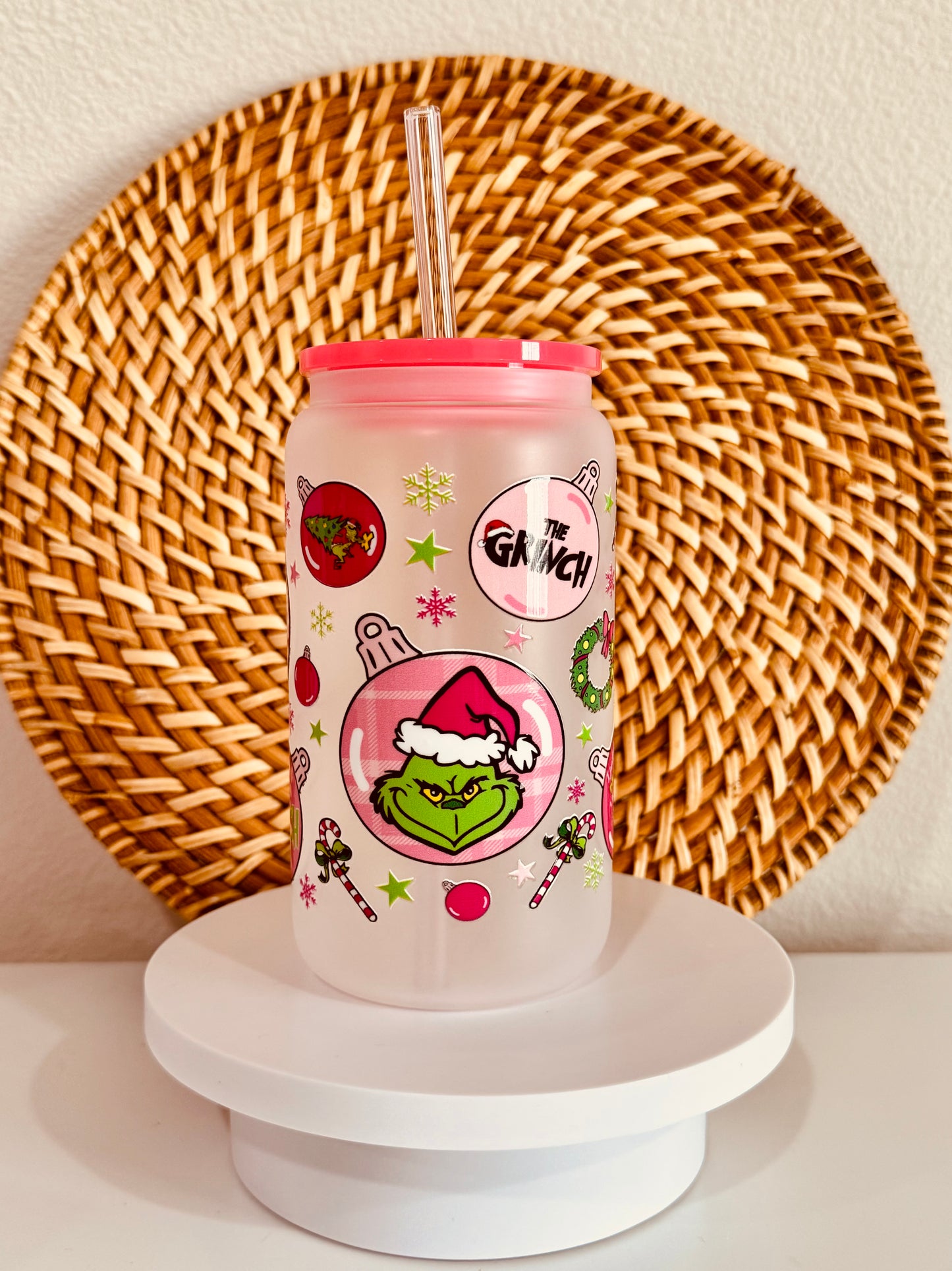 Grinch Ornaments 16oz Glass Cup