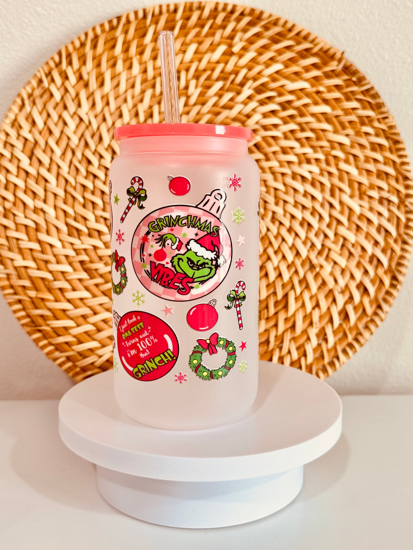 Grinch Ornaments 16oz Glass Cup
