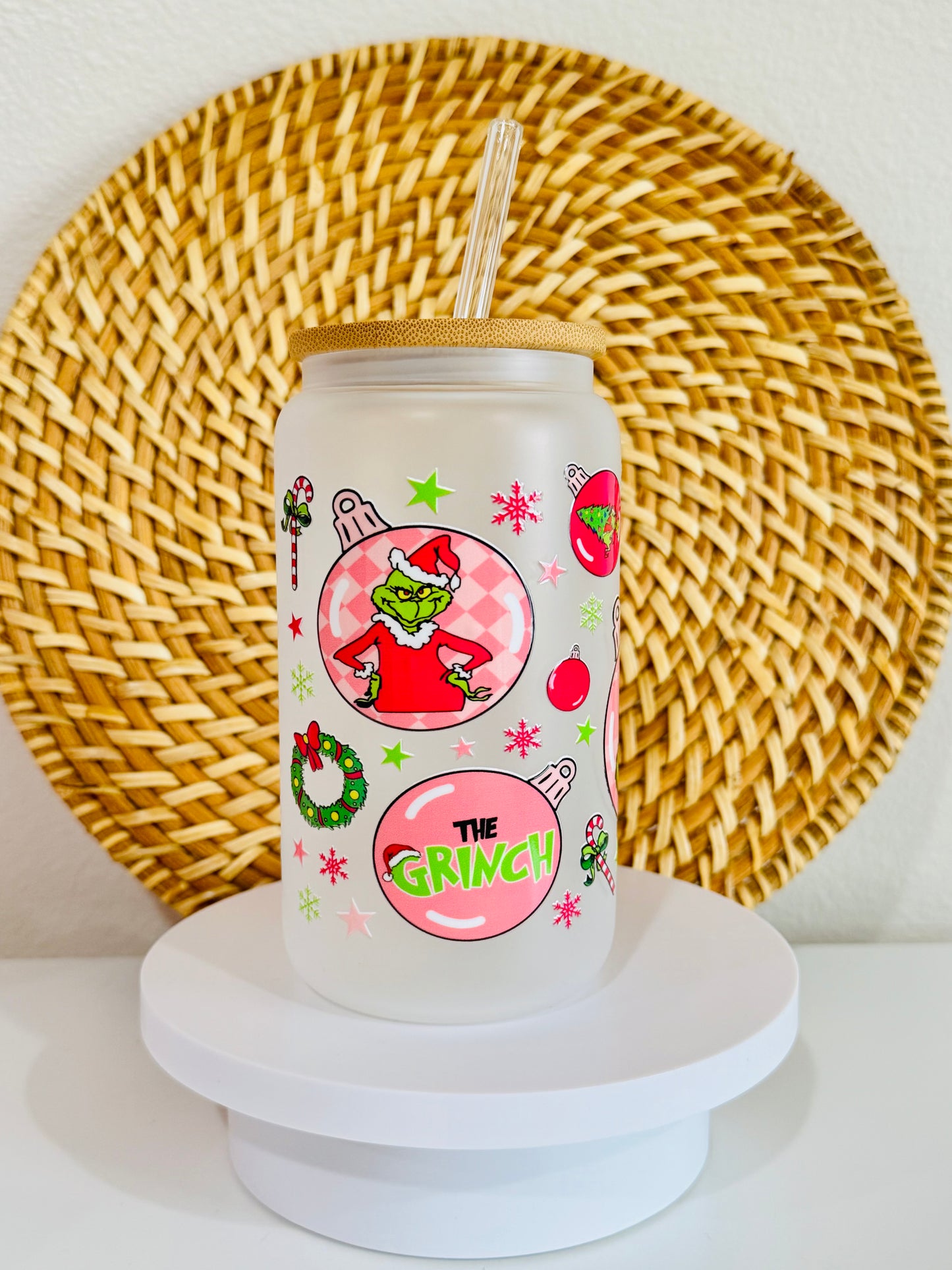 Grinch Ornaments 16oz Glass Cup