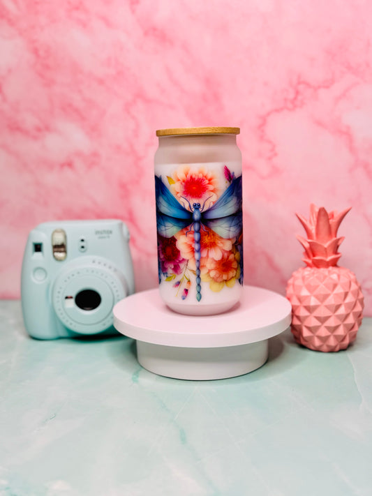 3D Dragonfly Sublimated 18oz Glass Cup (Frosted)