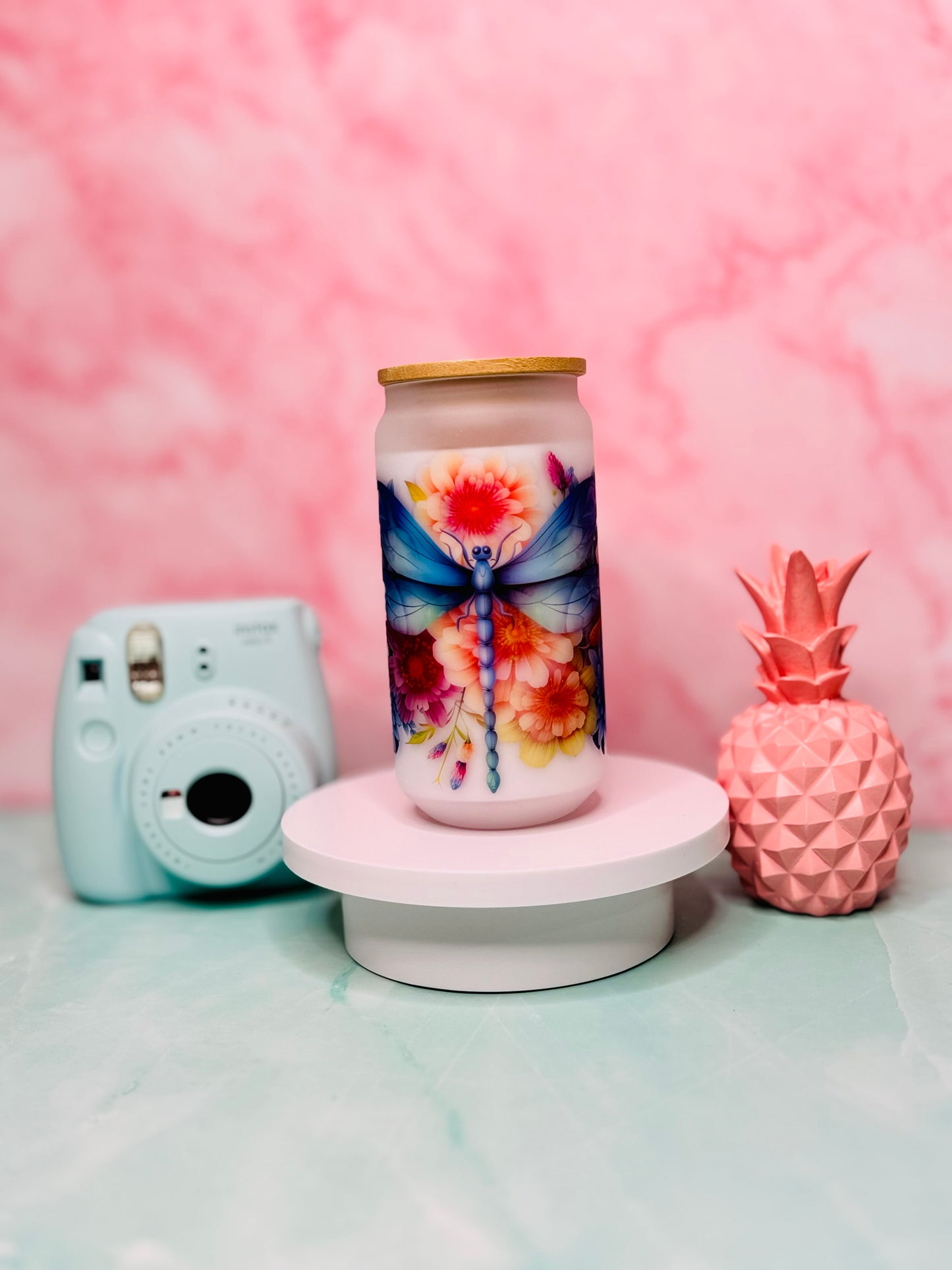 3D Dragonfly Sublimated 18oz Glass Cup (Frosted)
