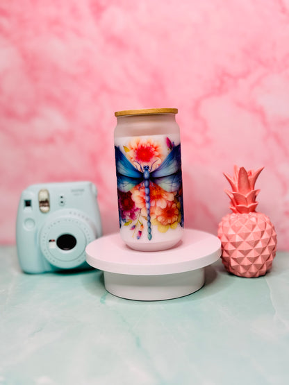 3D Dragonfly Sublimated 18oz Glass Cup (Frosted)