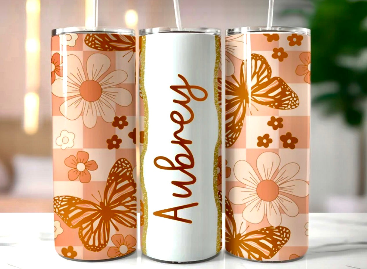 Boho Butterfly Custom Add Your Name 20oz Skinny Tumbler