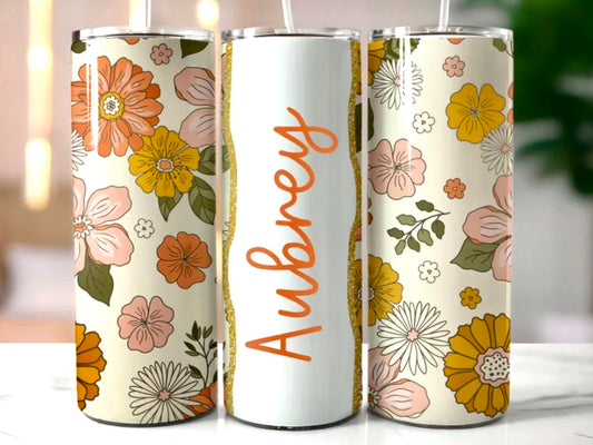 Boho Floral Orange Custom Add Your Name 20oz Skinny Tumbler